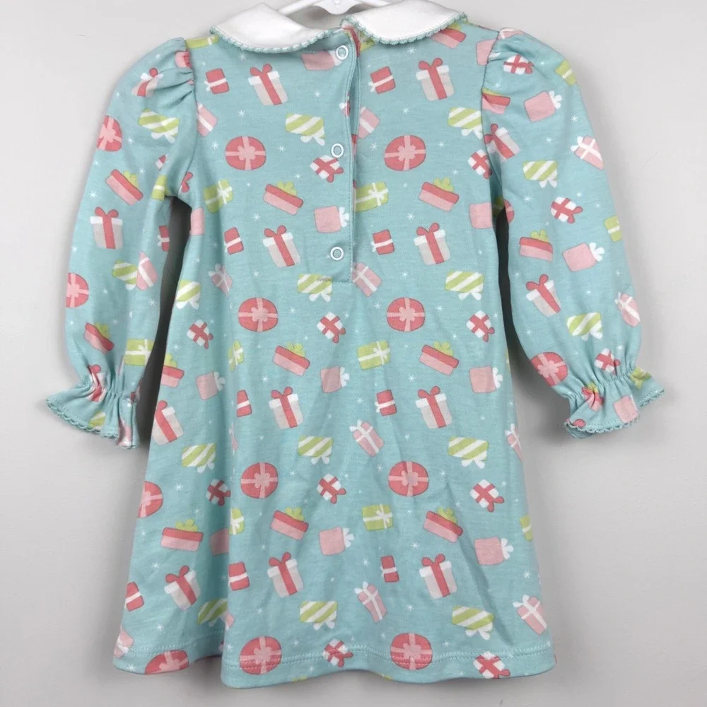 The Oaks Apparel Dress Girls 2T Blue Christmas Pima Cotton Peter Pan Collar Gift
